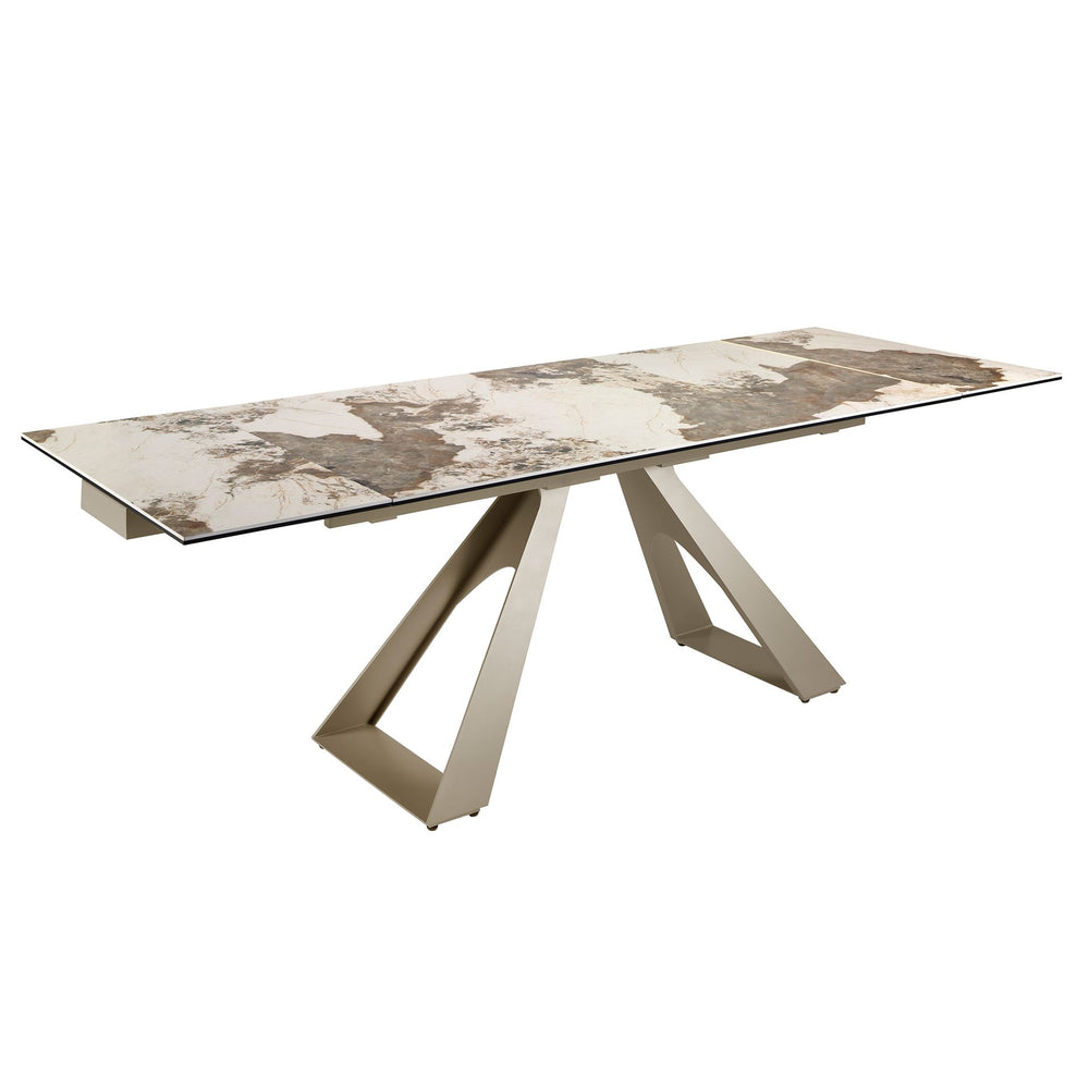 Rectangular extendable dining table in porcelain marble and champagne-colored steel