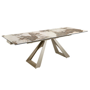 Rectangular extendable dining table in porcelain marble and champagne-colored steel