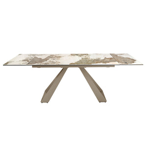 Rectangular extendable dining table in porcelain marble and champagne-colored steel