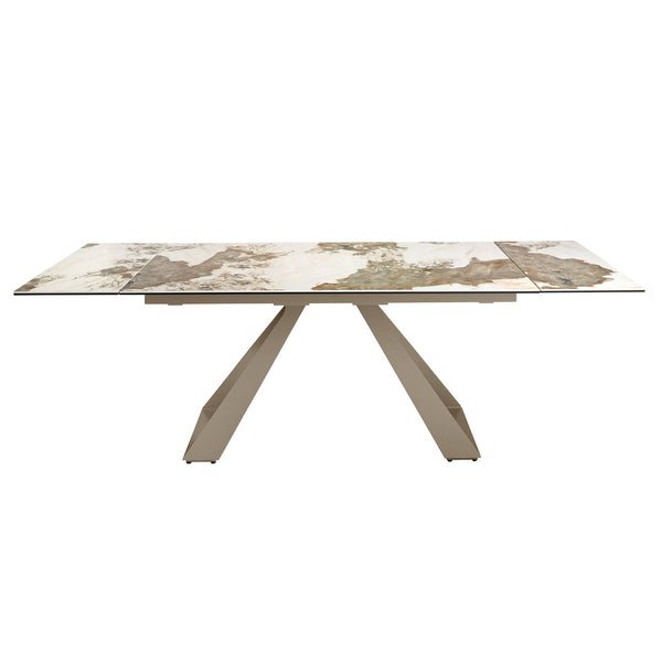 Rectangular extendable dining table in porcelain marble and champagne-colored steel