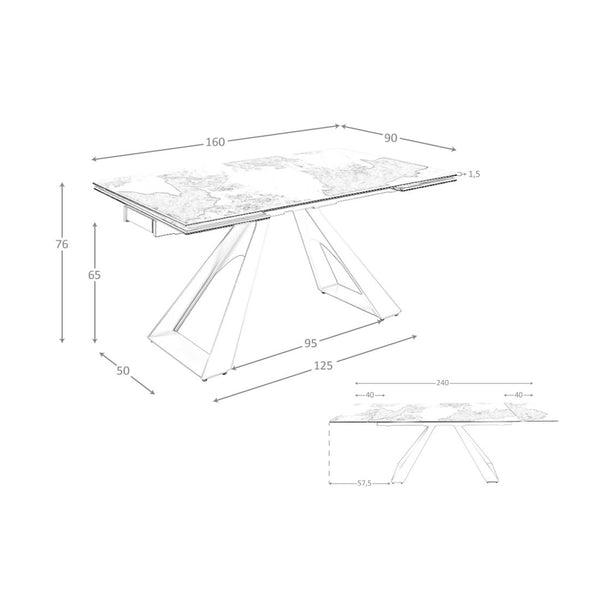 Rectangular extendable dining table in porcelain marble and champagne-colored steel