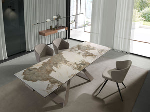 Rectangular extendable dining table in porcelain marble and champagne-colored steel