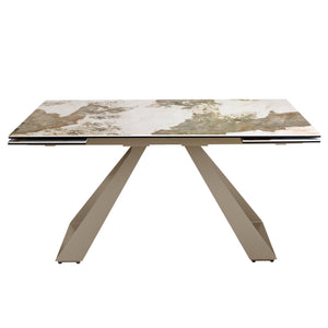 Rectangular extendable dining table in porcelain marble and champagne-colored steel