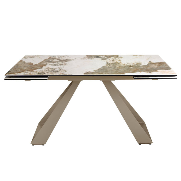 Rectangular extendable dining table in porcelain marble and champagne-colored steel