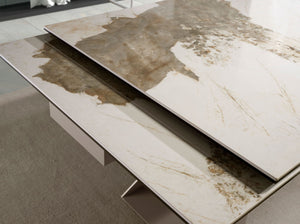 Rectangular extendable dining table in porcelain marble and champagne-colored steel