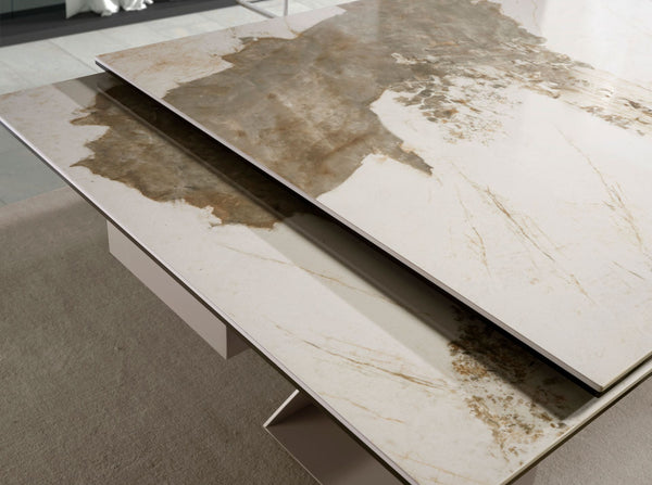 Rectangular extendable dining table in porcelain marble and champagne-colored steel