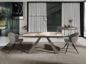 Rectangular extendable dining table in porcelain marble and champagne-colored steel