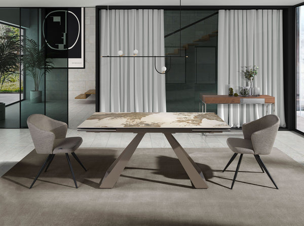 Rectangular extendable dining table in porcelain marble and champagne-colored steel