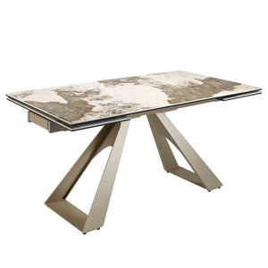 Rectangular extendable dining table in porcelain marble and champagne-colored steel