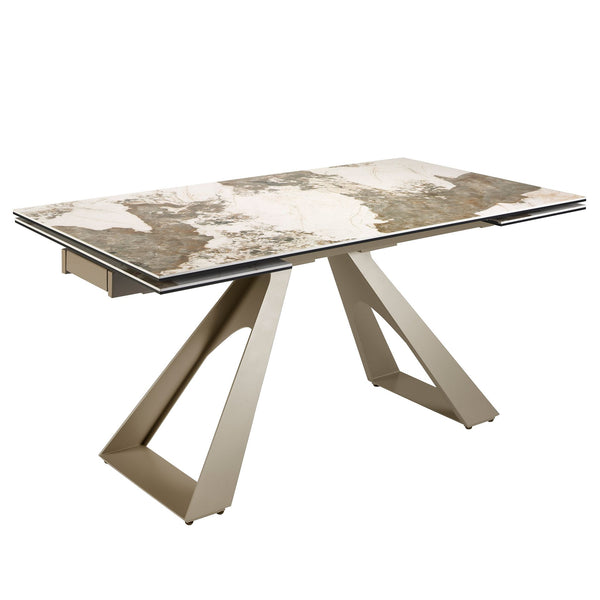 Rectangular extendable dining table in porcelain marble and champagne-colored steel