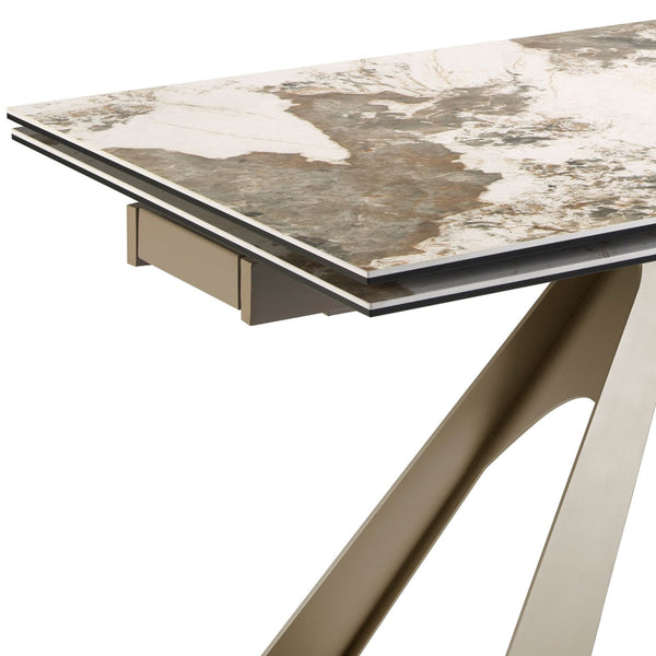 Rectangular extendable dining table in porcelain marble and champagne-colored steel