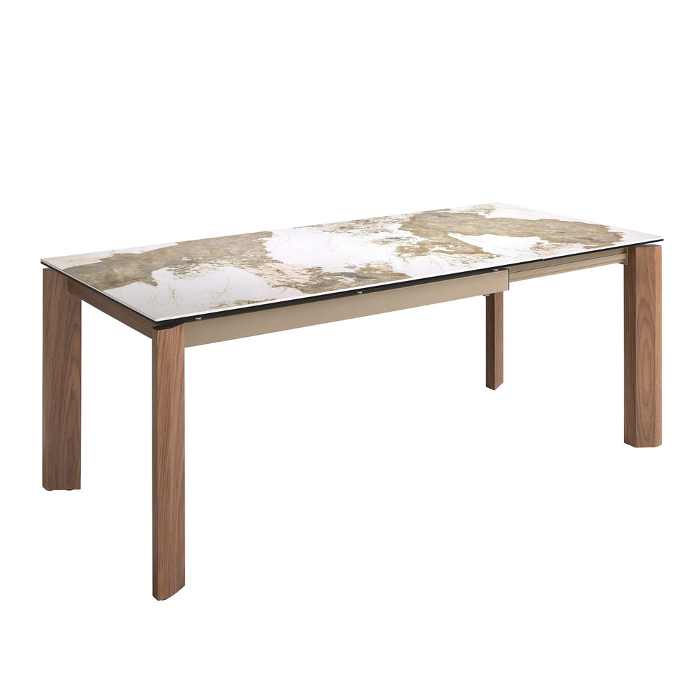 Rectangular extendable dining table in porcelain marble and walnut