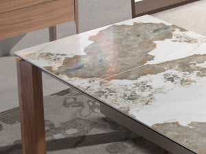 Rectangular extendable dining table in porcelain marble and walnut