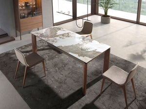 Rectangular extendable dining table in porcelain marble and walnut