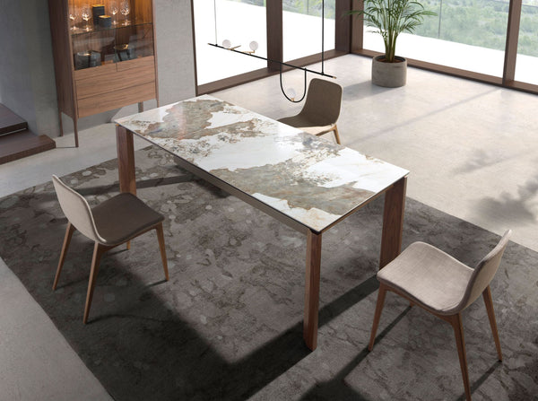Rectangular extendable dining table in porcelain marble and walnut