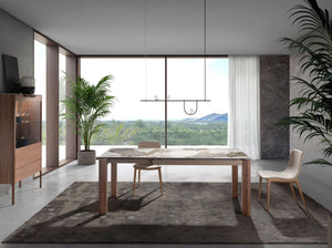 Rectangular extendable dining table in porcelain marble and walnut