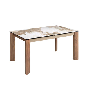 Rectangular extendable dining table in porcelain marble and walnut