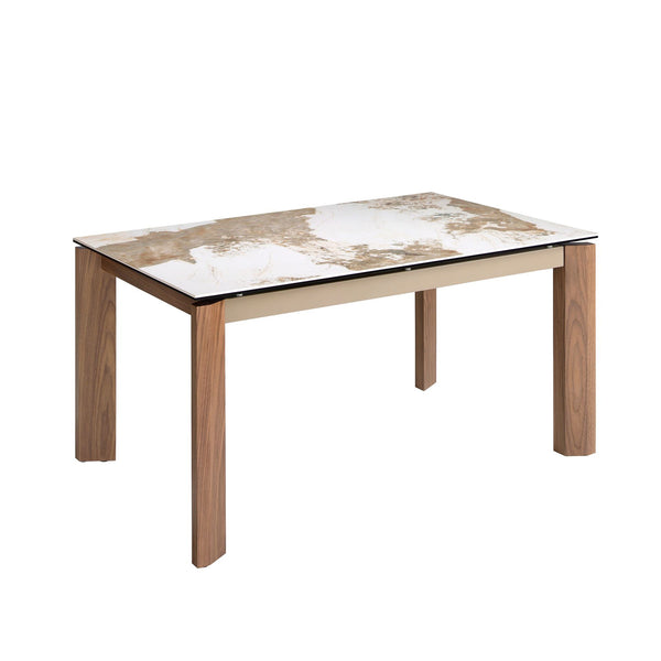 Rectangular extendable dining table in porcelain marble and walnut