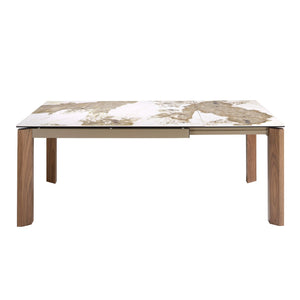 Rectangular extendable dining table in porcelain marble and walnut