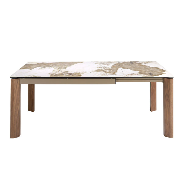 Rectangular extendable dining table in porcelain marble and walnut