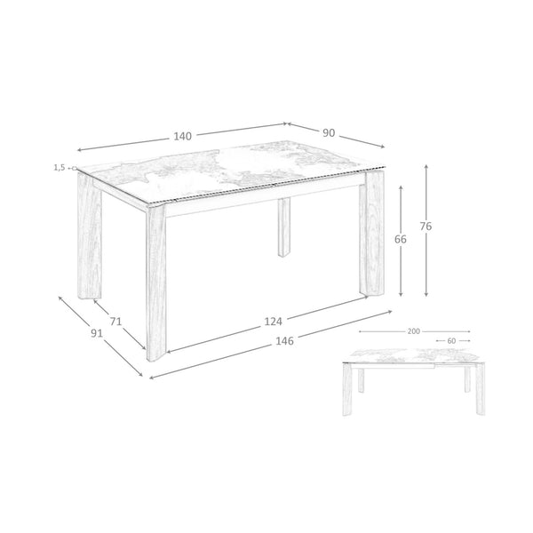 Rectangular extendable dining table in porcelain marble and walnut
