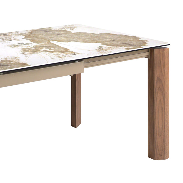Rectangular extendable dining table in porcelain marble and walnut