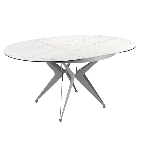 Extendable round dining table in porcelain marble and gray steel D120