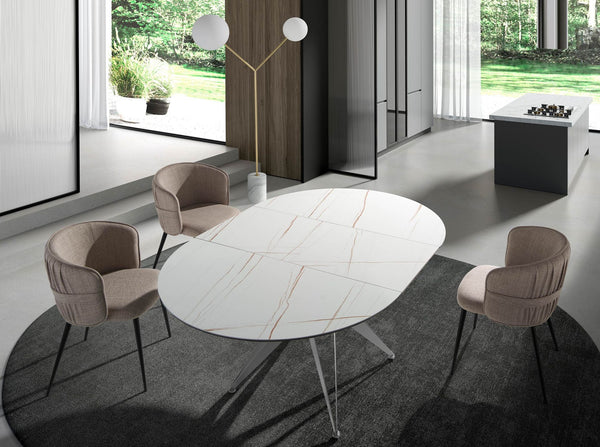 Extendable round dining table in porcelain marble and gray steel