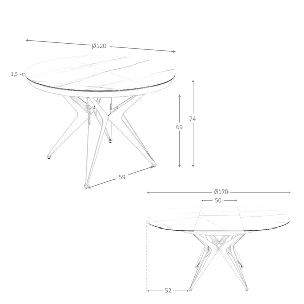 Extendable round dining table in porcelain marble and gray steel