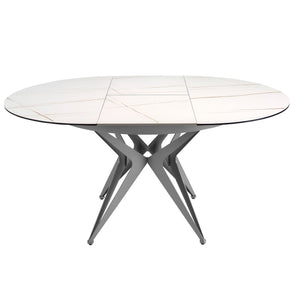 Extendable round dining table in porcelain marble and gray steel