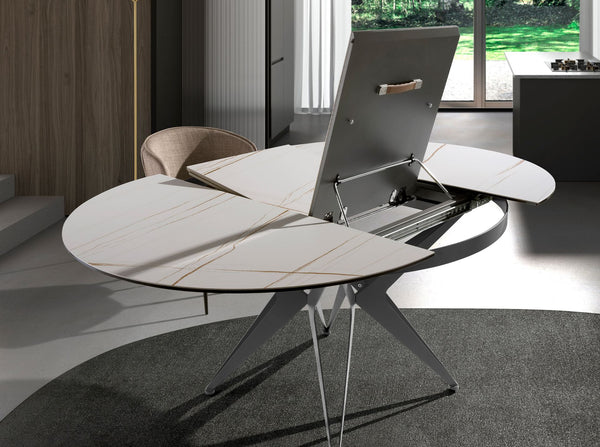 Extendable round dining table in porcelain marble and gray steel