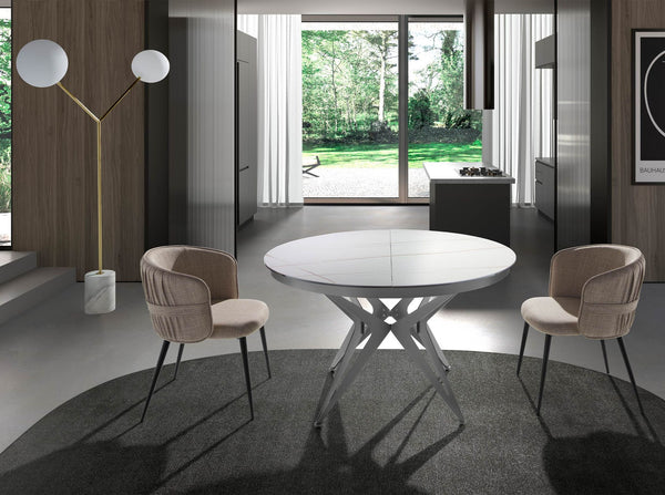 Extendable round dining table in porcelain marble and gray steel