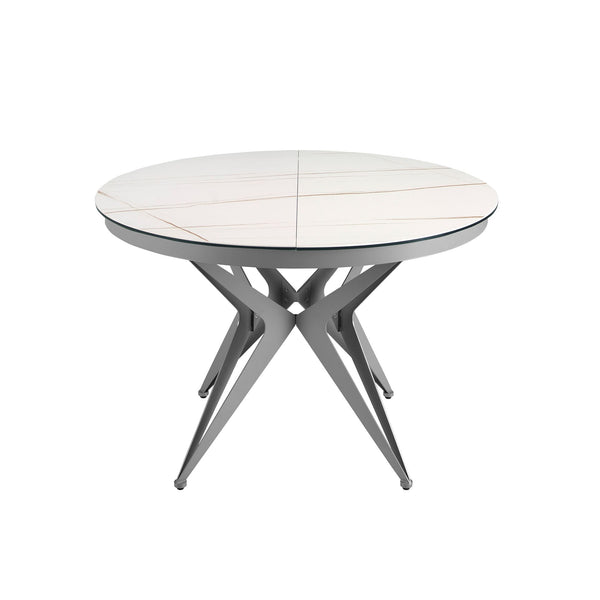 Extendable round dining table in porcelain marble and gray steel