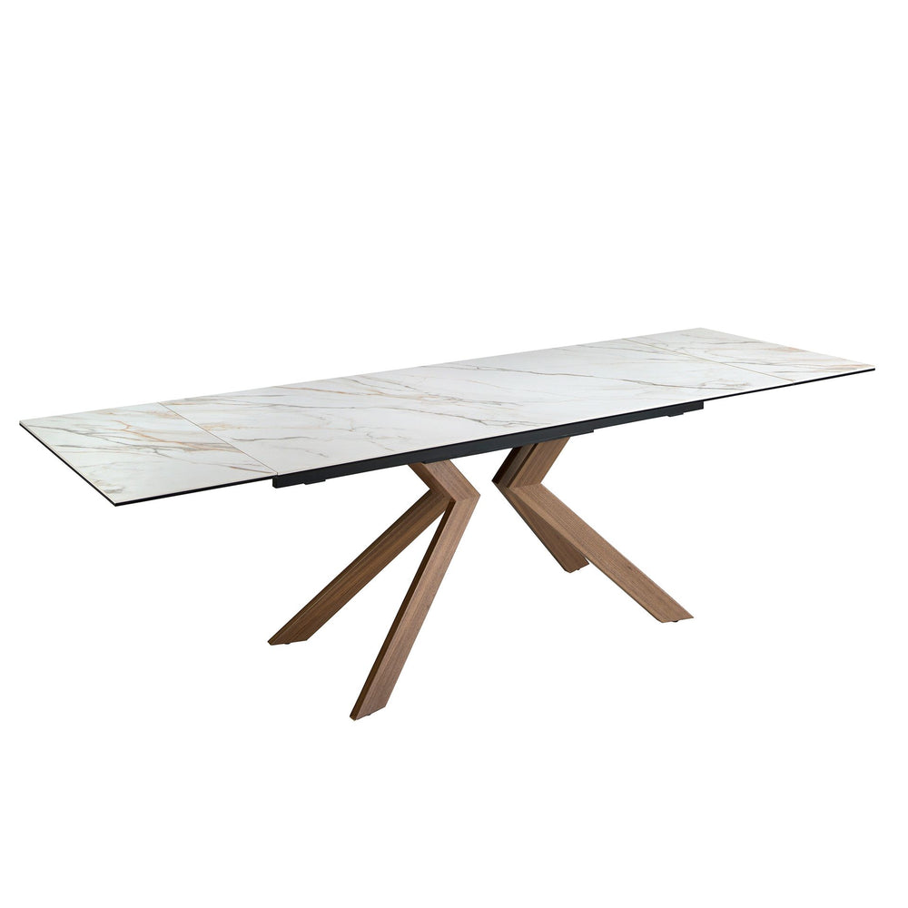 Rectangular extendable dining table in porcelain marble and walnut-effect steel