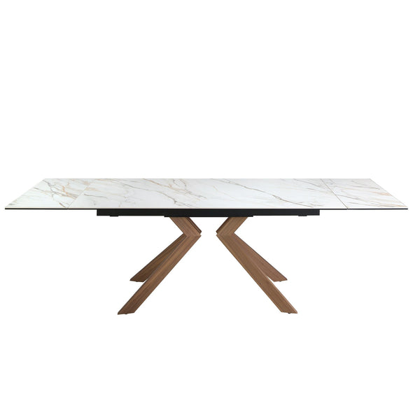 Rectangular extendable dining table in porcelain marble and walnut-effect steel