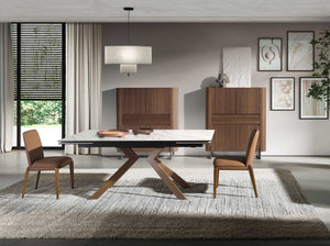 Rectangular extendable dining table in porcelain marble and walnut-effect steel