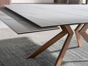Rectangular extendable dining table in porcelain marble and walnut-effect steel