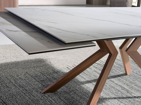 Rectangular extendable dining table in porcelain marble and walnut-effect steel