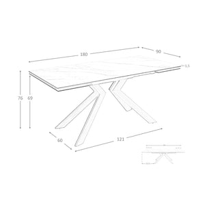 Rectangular extendable dining table in porcelain marble and walnut-effect steel