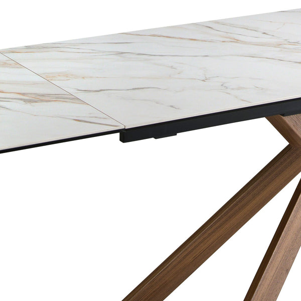 Rectangular extendable dining table in porcelain marble and walnut-effect steel