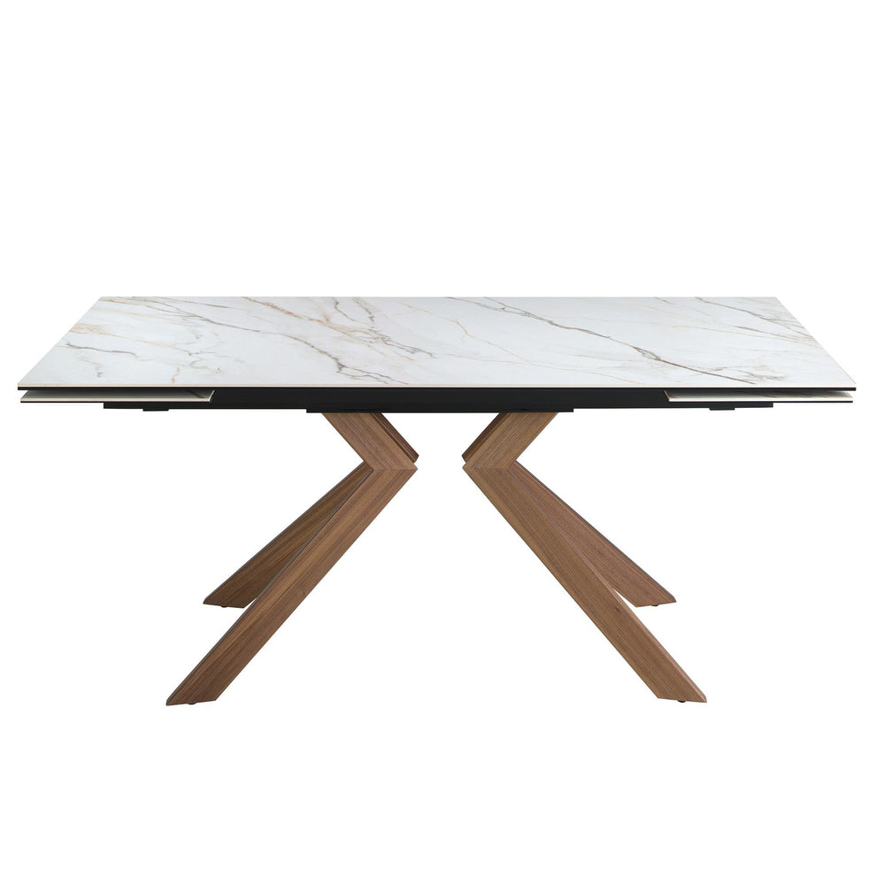 Rectangular extendable dining table in porcelain marble and walnut-effect steel
