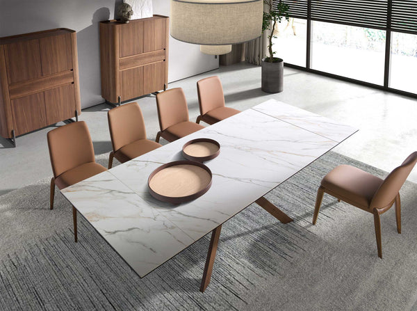 Rectangular extendable dining table in porcelain marble and walnut-effect steel