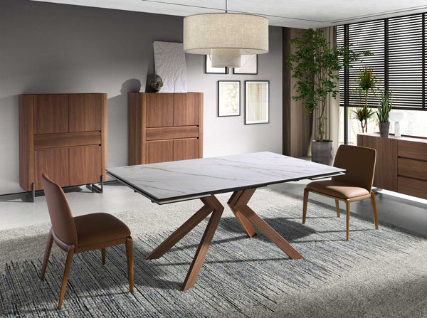 Rectangular extendable dining table in porcelain marble and walnut-effect steel