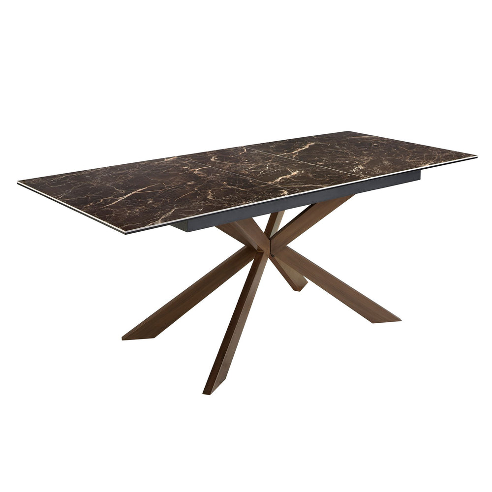 Rectangular extendable dining table in porcelain marble and walnut-effect steel