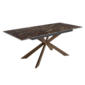Rectangular extendable dining table in porcelain marble and walnut-effect steel