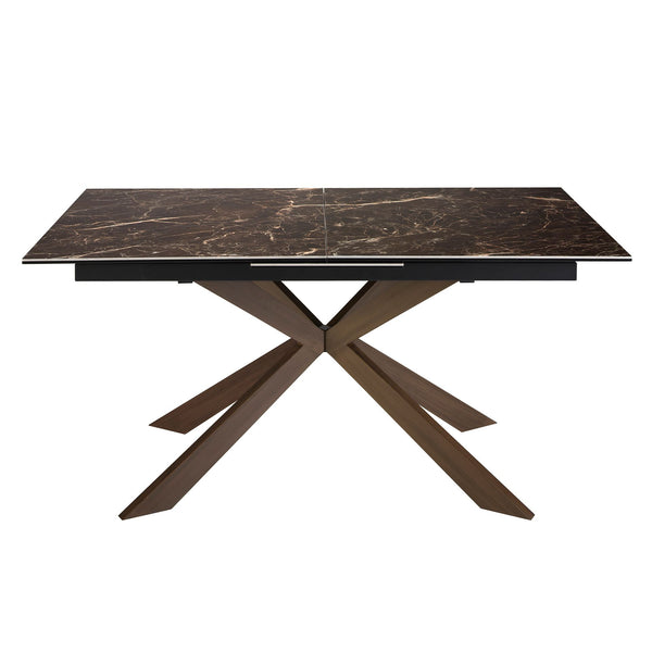 Rectangular extendable dining table in porcelain marble and walnut-effect steel