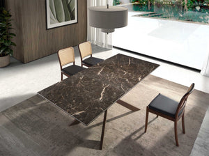 Rectangular extendable dining table in porcelain marble and walnut-effect steel