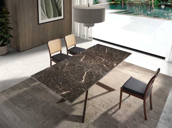 Rectangular extendable dining table in porcelain marble and walnut-effect steel