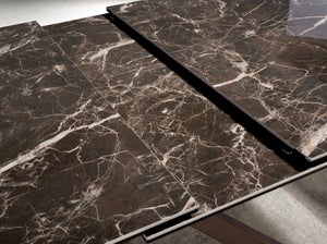 Rectangular extendable dining table in porcelain marble and walnut-effect steel