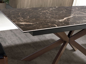 Rectangular extendable dining table in porcelain marble and walnut-effect steel